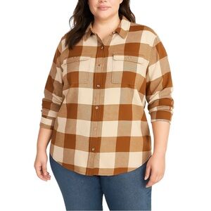 Old Navy Women’s 2X Boyfriend Flannel Shirt Brown Check Plaid | Long Sleeve